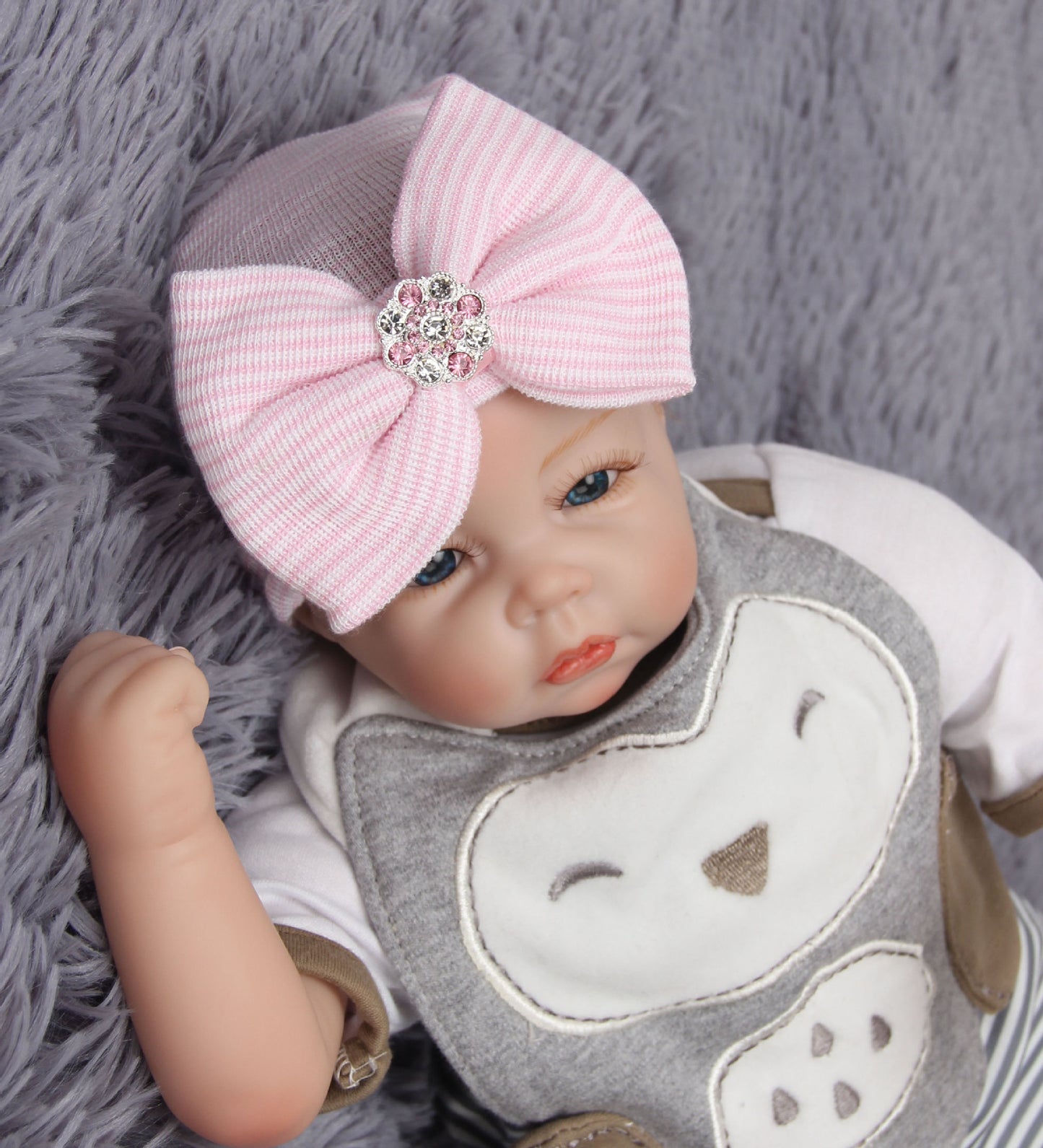 European and American baby striped tire hat big butterfly shiny diamond autumn and winter newborn baby knitted hat
