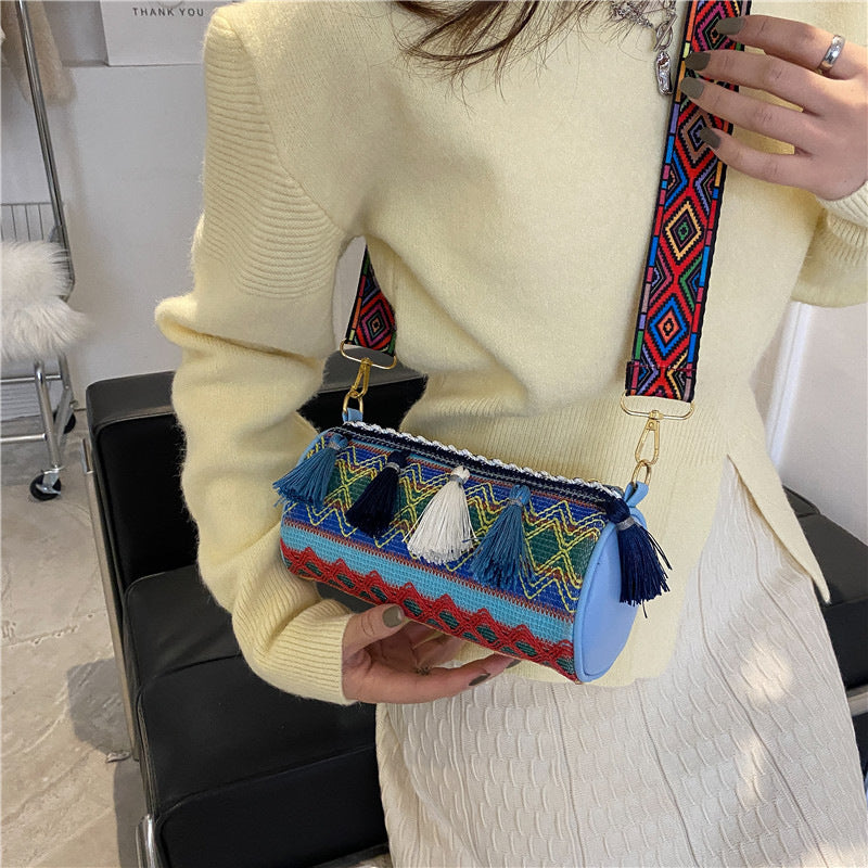 Tassel Women's Casual Ethnic Vintage Contrast Embroidered Thread Cylinder Bag