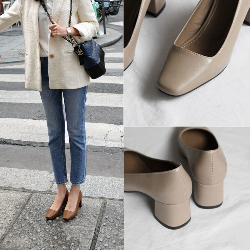 High-heeled square toe vintage block heel shoes