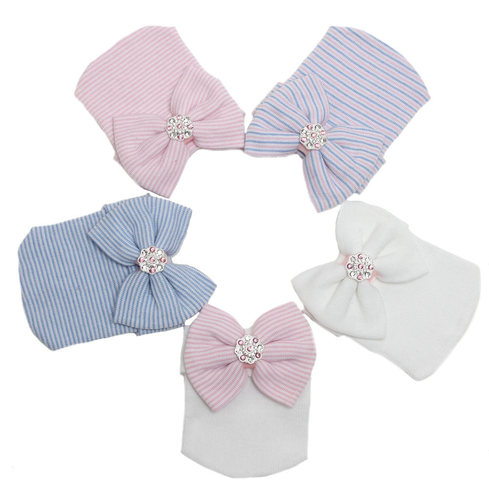 European and American baby striped tire hat big butterfly shiny diamond autumn and winter newborn baby knitted hat