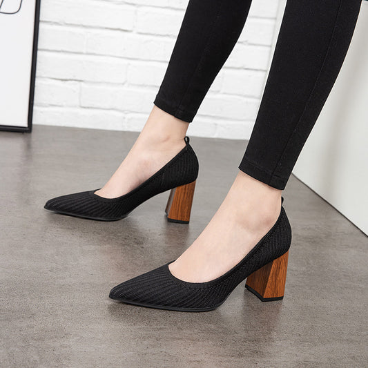 Knitted Square Heel Shallow Mouth Fashion Women's Shoes Korean Style Pointed Toe Single Shoes Thick Heel High Heels Shallow Mouth