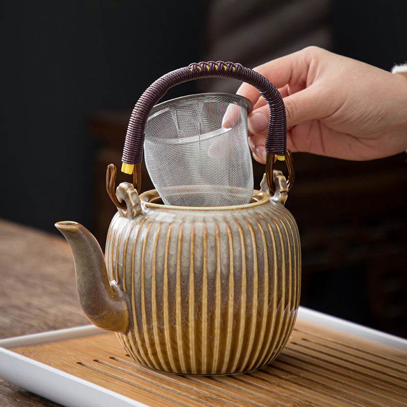 Large Capacity Japanese Style Simple Rib Ceramic Teapot