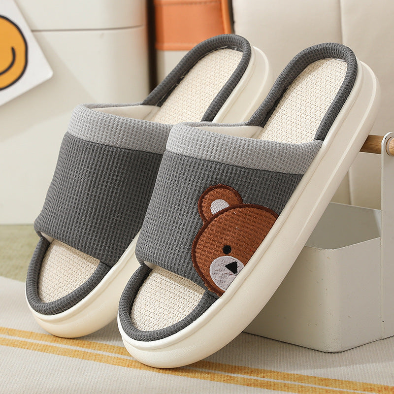 Cute Cartoon Bear Linen Slippers For Women Indoor Non-slip Sweat-absorbent Breathable Slip On Floor Bedroom Slipper House Shoes