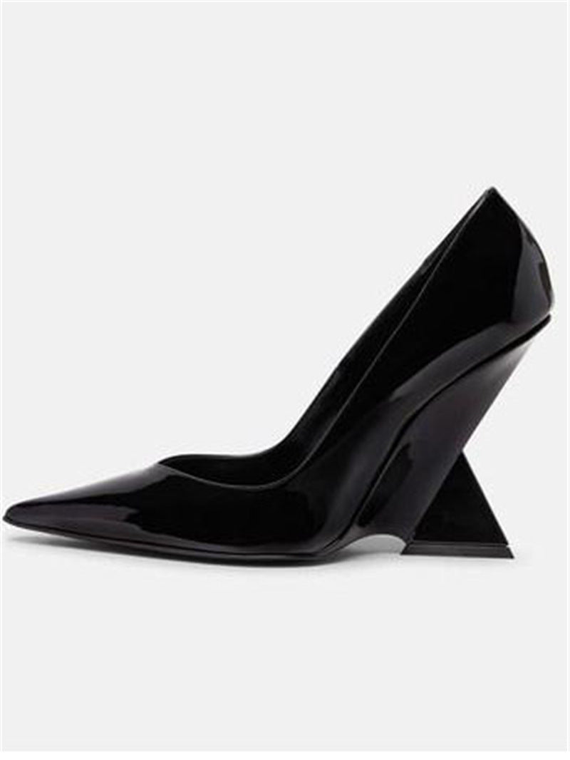 Summer New High Heel Chunky Heel Patent Leather Low-cut Pointed Toe Shoes