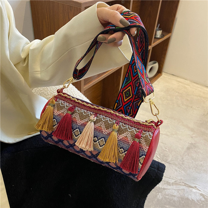 Tassel Women's Casual Ethnic Vintage Contrast Embroidered Thread Cylinder Bag